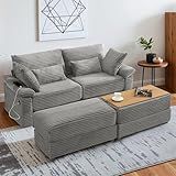 UMBFUN 75" Loveseat with Reversible Storage Ottoman, USB & Type-C Ports, Corduroy Double Chaise Lounge Couch for Living Room (Grey)