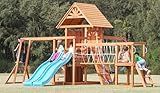 Dolphin Playground Wooden Swing Sets, Monkey bar, Plank Bridge with Rope Mesh, 2 Wave Slides, Large Climbing Wall, Outdoor Table, Saucer Swing, Playground Sets for Backyards, Outdoor Playset
