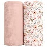 lulumoon Muslin Swaddle Blankets for Newborn - Soft Receiving Blankets - Floral Print Nursery Gift for Baby Girls(Pink Flower)