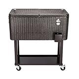 MTFY 80 Quart Rolling Ice Chest on Wheels, Portable Party Bar Cold Drink Beverage Cart Tub for Outdoor Patio Deck, Dark Brown Wicker Faux Rattan Tub Trolley, Wheels with Shelf & Bottle Opener