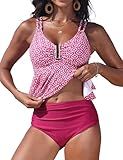 Edelqual Tankini Swimsuits for Women High Waisted Bikini Sets Two Piece Bathing Suit Tummy Control V Neck U Ring Linked Modest Ruffle Full Coverage Curvy Maternity Swimwear 2025(Pink Blossom,L)