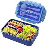 Jelife Bento Lunch Box for Kids - Leakproof Large Bento-Style with 4 Compartments Portions Lunchbox with Tableware Back to School, Reusable On-the-Go Meal and Snack Packing, Blue
