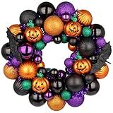 Halloween Wreath for Front Door, 13 inch Small Halloween Ball Wreath with Pumpkins Bats Shatterproof Front Door Wreaths Orange/Purple/Black Ball Ornament for Wall Mantel Porch Indoor Outdoor Decor