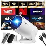 Mini Projector with WiFi and Bluetooth Built-in Apps Smart Projector Support 4K 1080P FHD 180° Adjustable Auto Keystone Compatibile with HDMI/TV Stick/Memory Stick/Laptop, White