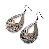 Handmade Boho Vintage Teardrop Earrings Bohemian Hammered & Engraved Earrings Boho Antiqued Earrings Unique Antique Bronze Tribal Ethnic Teardrop Shaped Drop Dangle Earrings For Women (Style 1)