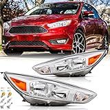 Headlights Assembly Pair with Bulbs for 2015 2016 2017 2018 Ford Focus S SE ST Halogen Headlamps Head Lights Replacement Driver and Passenger Side,Chrome Housing Amber Reflector