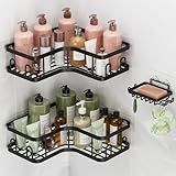 Veken Corner Adhesive Shower Caddy 3-Pack with Soap Holder&Hooks,No Drilling Shower Shelves,Rustproof & Waterproof Bathroom Organizers and Storage,Rack for Small Spaces, Kitchen&Rental-Friendly,Black