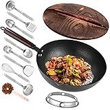 Leidawn 12.8" Carbon Steel Wok-11Pcs Woks & Stir Fry Pans Wok Pan with Lid, No Chemical Coated Chinese Woks with 10 Cookware Accessories, Flat Bottom Wok for Electric, Induction,Gas Stoves