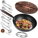 Leidawn 12.8" Carbon Steel Wok-11Pcs Woks & Stir Fry Pans Wok Pan with Lid, No Chemical Coated Chinese Woks with 10 Cookware Accessories, Flat Bottom Wok for Electric, Induction,Gas Stoves