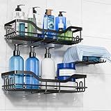 OMAIRA 3-Pack Shower Caddy with Soap Holder, Adhesive Rustproof No-drill Strudy Loading Inside Shower Organizer Shelves Rack Storage Bathroom Organization for Smooth Wall Glass Tile, Black (Large)