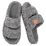 EverFoams Womens Fuzzy Open-toe Slippers Soft Comfy Memory Foam Indoor House Shoes Cool Gray,9-10 US