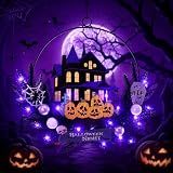15.7Inch Halloween Pumpkin Wreath for Front Door with Lights, 6H On/18H Off