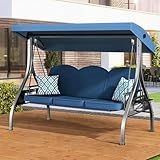 ZZW 3 Seat Outdoor Porch Patio Swing with Stand 800lbs 2-in-1 Convertible Swing Bed with Adjustable Canopy & Removable Cushion for Yard Garden Deck (Blue, Square Tube)