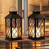 Homemory Solar Lanterns Outdoor Waterproof Hanging with Flickering Flameless Candles, 2 Pack 13'' Garden Outdoor Lantern Decorative for Patio Front Porch Backyard Balcony Cabin Outside Table(Black)