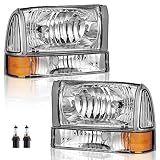 WEELMOTO Headlights Assembly W/Bulbs for 99-04 Ford Super Duty F250 F350 F450 F550, for 00-04 Ford Excursion Headlight with Bumper Signal Corner Light (NOT FOR SEALED BEAM MODELS)