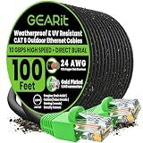 GEARit Cat6 Ethernet Cable 100ft, Direct Burial Outdoor Cat 6 Cable 24AWG High Speed Up to 10Gbps/550 MHz, LLDPE (PE) UV-Resistant Waterproof Jacket, CCA RJ45 Internet Cable for Router- Black