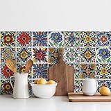 30 Pcs Mediterranean Style Peel and Stick Wall Tile Decals - Waterproof Vinyl Stickers for Kitchen Backsplash, Bathroom, Stair Riser Decor - Spanish Floral Pattern - 4x4 Inch