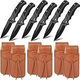 Abbylike 6 Set Groomsmen Gifts Personalized Groomsmen Pocket Knife with Leather Sheaths Mini Folding Knives Proposal Gifts for Wedding Party Favors(Classic,Black)