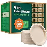 100% Compostable Paper Plates 9 Inch [500 Count] Heavy-Duty Dinner Plates - Natural Brown Color Unbleached Bagasse - Eco-Friendly Disposable Biodegradable Sugarcane Plates - [Bulk Case 4 x 125 Pack]