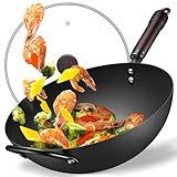 Wok, 13 Inch carbon steel woks & stir-fry pans nonstick, Pre-Seasoned 5.8QT Flat Bottom Chinese Wok Pan with lid, Carbon Steel Cookware, Compatible with All Cooktops