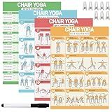 Chair Yoga Poster Set for Seniors & Beginners-3 Illustrated Guides,1 28-Day Challenges, 8 Double-Sided Clips &1 Dry-Erase Marker, 36 Poses Wall Chart Includes Postures, Instructions & Breathing Tips