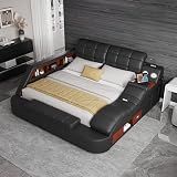 King Size Smart Multifunctional Bed Frame, Platform Bed with Massage Recliner, Bluetooth Speaker, USB Charging, Multifuncion Storage Drawers, Leather Headboard, Easy Assembly, Black
