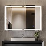 Hasuit Lighted Medicine Cabinet with Mirror, Wall Mounted Bathroom Mirror with Storage, 2 Doors Bathroom Wall Cabinet with LED Lights, 31.5'' x 23.6''