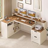 63" Farmhouse L Shaped Desk with Drawers and Printer Stand for Home Office