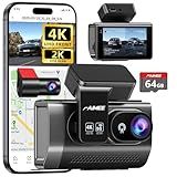 Dash Cam Front and Rear, 4K+2K Recording Dash Camera for Cars, Night Vision with WDR, 170° Wide Angle, 5.8G/2.4G Dual Wi-Fi, 64GB Card, Built-in GPS, G-Sensor Emergency Lock, 24H Parking Monitor