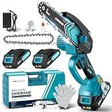 Chainsaw 6-Inch 2 Pack 2000mAh Battery Hand Mini Chain Saw Birthday Christmas Gifts for Men Portable Cordless for Wood Cutting Tree Trimming Projects Gardening Tools (Blue-2 Battery)