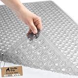 GORILLA GRIP Patented Bath Tub Shower Mat, Machine Washable Bathtub Floor Liner Mats, Suction Cups and Drain Holes to Keep Tubs Clean, Soft on Feet, Bathroom Essentials, 35x16 Inch, Clear Gray