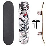 Professional Double Kick Skateboard, 31 inch Maple Deck, ABEC-9 Bearings, 95A PU Wheels, Custom Graphic Design (Bicycle, 31in)