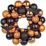 Halloween Wreath for Front Door, 13 inch Small Halloween Ball Wreath with Pumpkins Bats Shatterproof Front Door Wreaths Orange/Black Ball Ornament for Wall Mantel Porch Indoor Outdoor Decor
