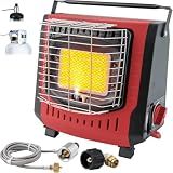 Portable Outdoor Heater with 8FT Hose, 9000 BTU Propane Heater Fuel by Butane/Propane, Self-Ignition, Tip-over&Low-Oxygen Safety Shutoff, Compact Camping&RV Heater for Tents, Hiking(Fuel not included)