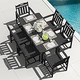 SUUNYN HDPE Outdoor Dining Set, Patio Table and Chairs Set, All-Weather 7-Piece Outside Table and 6 Chairs, 2" Umbrella Hole, Outdoor Furniture for Garden, Poolside, Backyard, Deck | Black