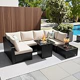 Ophelian 8 Pcs Patio Furniture Set with Fire Pit Table Wicker Outdoor Sectional Sofa, Conversation Set Perfect for Backyard, Garden, Deck (Deep Brown/Beige)