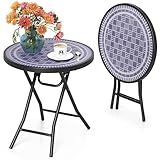 Tangkula Round Folding Side Table, 18 Inch Patio Coffee Table with Tempered Glass Tabletop and Metal Frame, Indoor Outdoor Small Side Table for Yard, Balcony, Porch, Poolside (Grey,1)