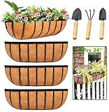 LCHUANG Railing Planter Window Box - 4 Pack 24 Inch Deck Balcony Rail Planter with Coconut Coir Liner, Fence Metal Hanging Flower Basket Deck Railing Planter Boxes for Outdoor Garden