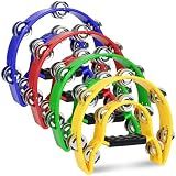 4 Pack Double Row Tambourine for Adults, 9" Half Moon Tambourines Bulk for Church, Metal Jingles Hand Held Percussion Drum, Panderetas Para Adultos Cristianos, Musical Tambourine for KTV, Party, Band