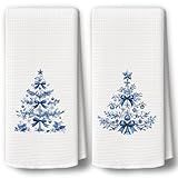 BCUANGD Chinoiserie Christmas Kitchen Towels Decor Set of 2 - Blue Christmas Tree Holiday Hand Tea Towels, Grandmillenial Xmas Gifts Dish Towel Dishcloths Decorations for Home Kitchen, 16"x24"