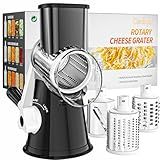Cambom Rotary Cheese Grater Hand Crank Cheese Shredder for Fresh Cheese, Vegetable, Nuts,Non-slip Suction Base, Free Cleaning Brush Three Blades, Black