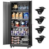 Greenvelly Metal Garage Storage Cabinet with 4 Swivel Wheels, 73” Black Storage Cabinet on Wheels, Rolling Tool Cabinet with Locking Doors and Shelves for Garage, Basement, Home, Warehouse