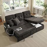 QSQG Reversible Sectional Sofa Couch, Sleeper Sofa Bed with Storage Chaise Pull Out Couch for Living Room | USB Charge | Cup Holder | Removable Backrest |Teddy Fabric (Darkgrey)