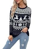 Women's Christmas Reindeer Knitted Sweater Xmas Snowflake Patterns Long Sleeve Elk Printed Pullover Deep Blue L