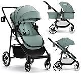 INFANS 2 in 1 Baby Stroller, High Landscape Infant Stroller & Reversible Bassinet Pram, Foldable Pushchair with Adjustable Canopy, Cup Holder, Storage Basket, Suspension Wheels (Green)