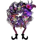 Lulu Home Halloween Front Door Wreath, Purple LED Lighted Witch Hat Wreath, Battery Operated, NOT PRELIT