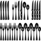 EWFEN 24-Piece Black Silverware Set with Steak Knives, Black Flatware Set for 4, Food-Grade Stainless Steel Tableware Cutlery Set, Mirror Finished Utensil Sets for Home Restaurant, Round Edge