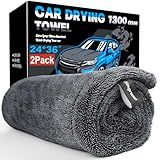 Singrune 2 Pack XL Car Drying Towel – 1300GSM Ultra Absorbent Microfiber, 24"x36" Large Size, Twisted Loop, Lint-Free & Streak-Free for Auto Detailing, Car, SUV, Truck (Gray-Gray)