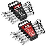 DISEN 10Pcs Ratcheting Wrench Set SAE & Metric Ratchet Wrench Set with Rack Organizer, Premium CR-v Steel, 12 Point, 72 Teeth,Box End and Open End Ratcheting Wrench Set,Metric 10-15mm&SAE 3/8''-5/8''