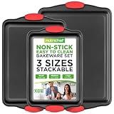 NutriChef 3‑Piece Nonstick Cookie Sheets – Carbon Steel Baking Sheet Set with Non Stick Coating & Red Silicone Handles – Oven Pans for Family Baking